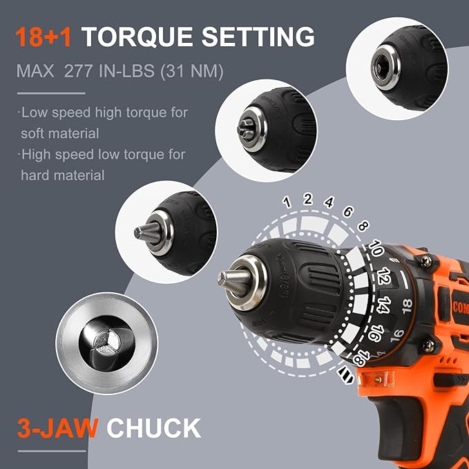 COMOWARE Cordless Drill Set, 12V Power Drill with Battery & Charger, 3/8" Keyless Chuck, 23Pcs Driver Bits Orange Storage Bag included