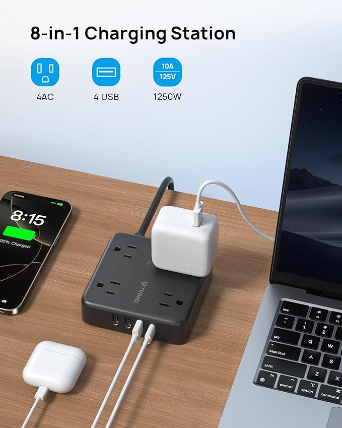 TROND Surge Protector Power Strip with USB Ports, 5ft Flat Plug Extension Cord with Multiple Outlets, 1440J, Wall Mount for Home Office Dorm Room Essentials, Black