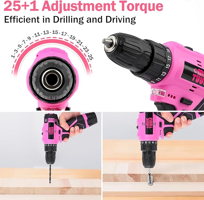 152PCS Home Tool Kit with 12V Cordless Drill, Pink