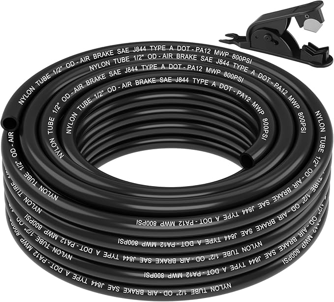 35FT 1/2 DOT Air Line SAE J844 PA12 Nylon Air Hose with Cutter 1/2” OD Pneumatic Tubing DOT Approved 1/2 Air Brake Hose for Air Suspension Kit Truck Trailer Brake System & Fluid Transfer 11m