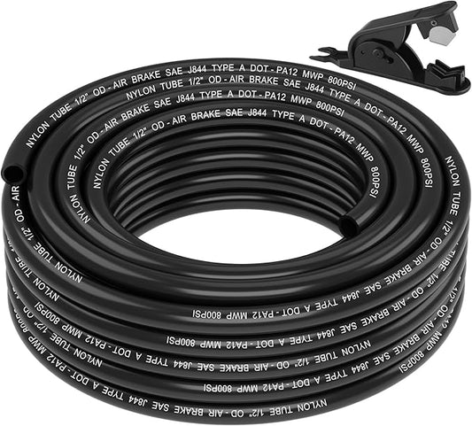 35FT 1/2 DOT Air Line SAE J844 PA12 Nylon Air Hose with Cutter 1/2” OD Pneumatic Tubing DOT Approved 1/2 Air Brake Hose for Air Suspension Kit Truck Trailer Brake System & Fluid Transfer 11m