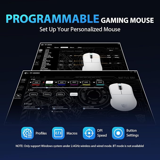 Transformers GM04 63g Lightweight Wireless Gaming Mouse, 12000 DPI, PAW3311 Sensor, 100h Battery Life, 2.4G/USB-C/Bluetooth Wireless Mouse with 5 Programmable Buttons for PC/Mac/Laptop(White)