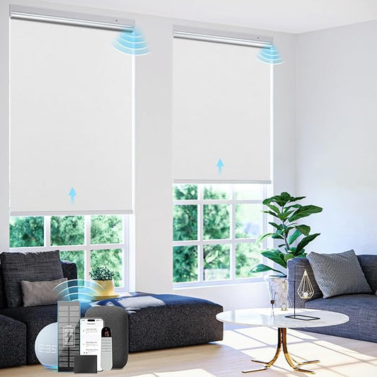 Motorized Blinds with Remote Control【Solar Panel Included】 100% Blackout Smart Roller Blinds Automatic Blinds for Windows Cordless Electric Shades Compatible with Alexa White,34¼"W*72" H