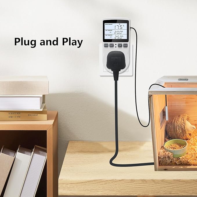 KT3100BL Digital Temperature Controller Outlet Socket VA LCD Display Plug in Thermostat 15A 120V Output with Blue Backlight 3m Temperature Sensor