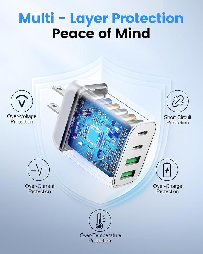 40W USB C Charger Block, 2-Pack 4-Port Fast Charging Block Power Adapter, Dual PD & QC Type-C Multiport Wall Charger for iPhone 16 15 14 13 12 11 Pro Max, Samsung, Tablets