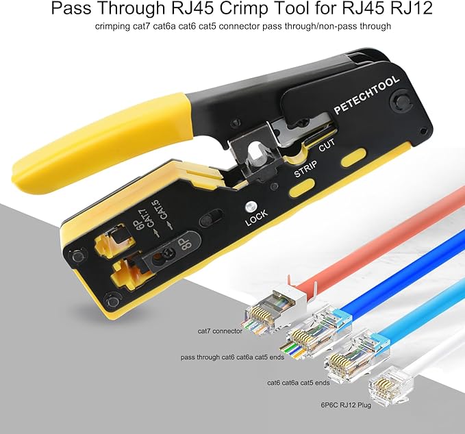PETECHTOOL RJ45 Crimp Tool Pass Through Cat7 Cat6 Cat5 Crimping Tool with 50-Pack Cat6 RJ45 Pass Through Connector, 50-Pack RJ45 Boots, Network Cable Tester, Wire Cutter and mini Wire Stripper