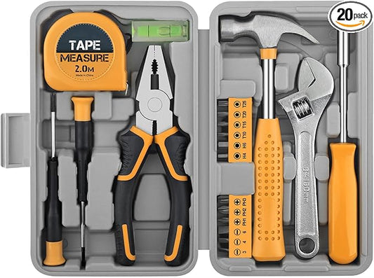 20 Pieces Home Tool Set, Basics Household Tool Kit with Small Mini Carrying Box for Men and Women DIY (Yellow)
