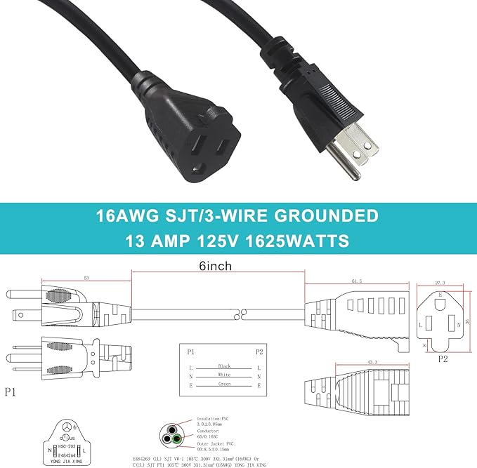 [6 Pack] Short 3 Prong Power Extension Cord - 6inch Black Mini Indoor Grounded Extension Cord,16AWG Small Electrical AC Extension Cord for Outlet Saver,Rated for 13AMP Home Appliance Extender Lead
