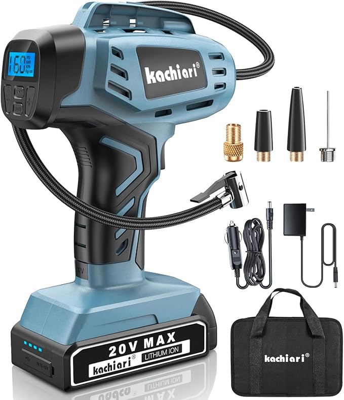 Tire Inflator Portable Air Compressor, 20V Cordless Car Tire Pump, Rechargeable Battery Powered Air Compressor w/12V DC Adapter Grey
