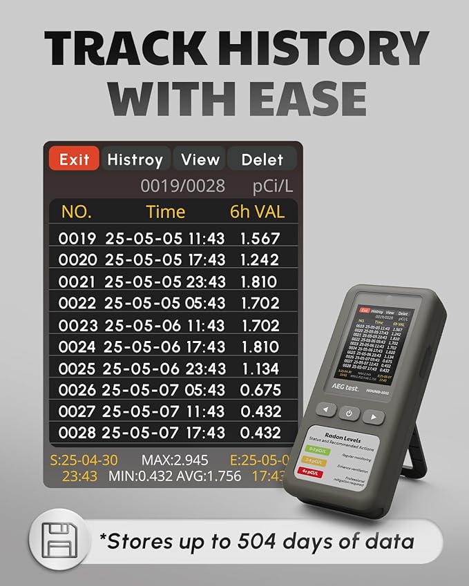 HOUND-1011 Portable Radon Detector for Home, Lightweight, High-Accuracy Sensor, 45-Day Monitoring, Easy-to-Use Radon Tester, Short- & Long-Term in pCi/L or Bq/m³ for Basement – Gray