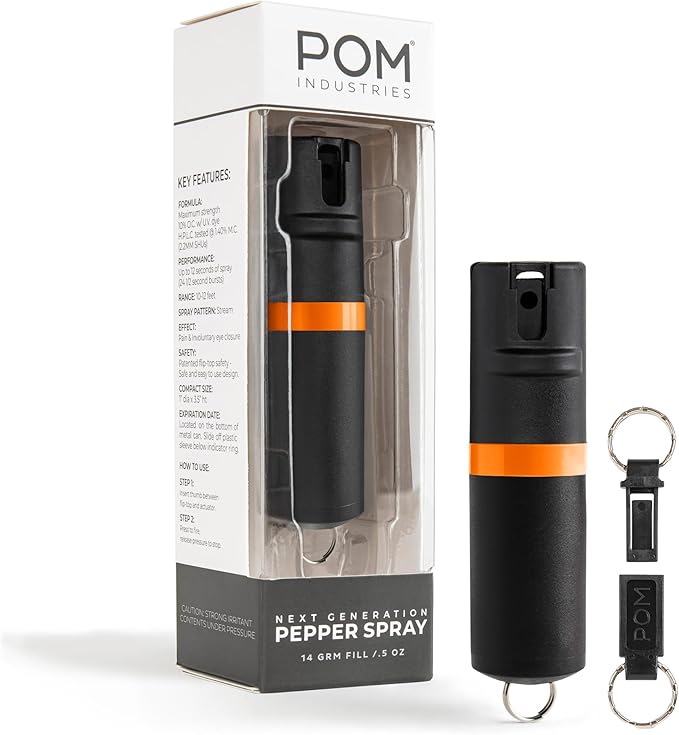 POM Pepper Spray Keychain, Quick Key Release for Instant Access, Flip Top Safety, Maximum Strength OC Formula with UV Marking Dye, 25 Bursts, 10 ft Range, 0.5 fl oz