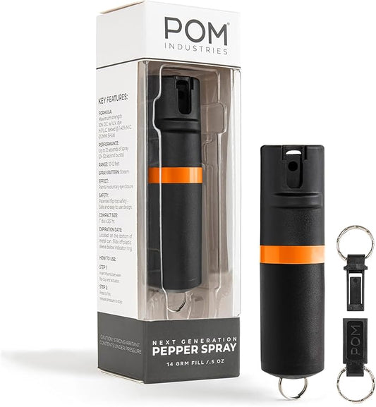 POM Pepper Spray Keychain, Quick Key Release for Instant Access, Flip Top Safety, Maximum Strength OC Formula with UV Marking Dye, 25 Bursts, 10 ft Range, 0.5 fl oz