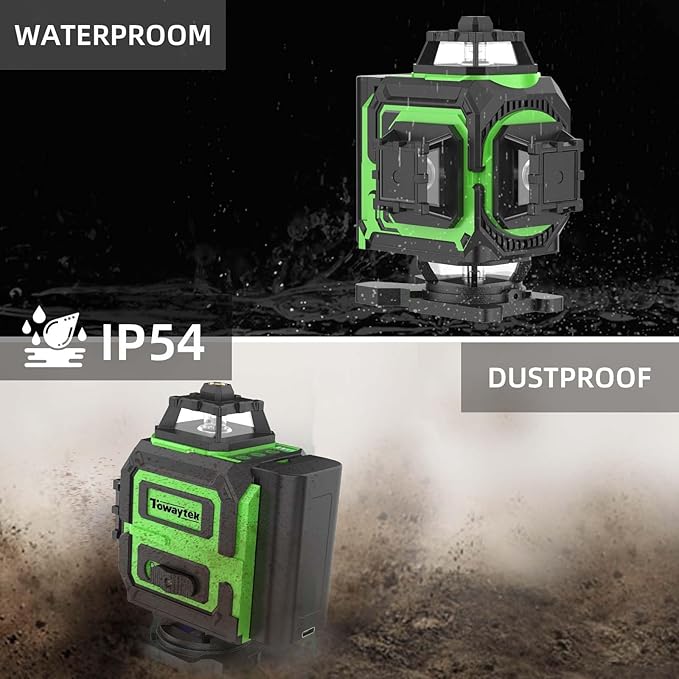 4D Green Laser Level 4 * 360 self-leveling with high brightness cross line three levels adjustable light with 2 * 2400mAh Rechargeable Battery & Hard Carry Case& adjustable metal base mount