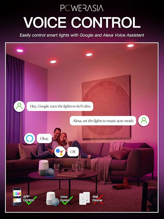 6 Pack 6 Inch Smart LED Recessed Lighting with RGB Back Light, 12W 1200LM Smart LED Recessed Lights with Junction Box, 2700K-6000K Color Changing Work with Google Assistant/Siri, Hub INCL