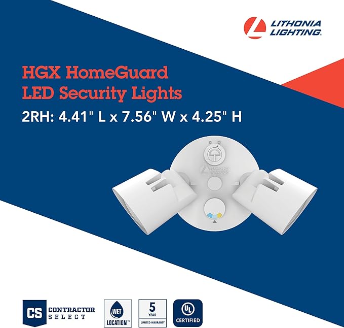 Lithonia Lighting HomeGuard 2-Light LED Outdoor Flood Lights, Outdoor LED Lights, Dusk to Dawn Sensor, Adjustable Lumens, Selectable Color, Round Heads, White (HGX LED 2RH ALO SWW2 120 PE WH M2)