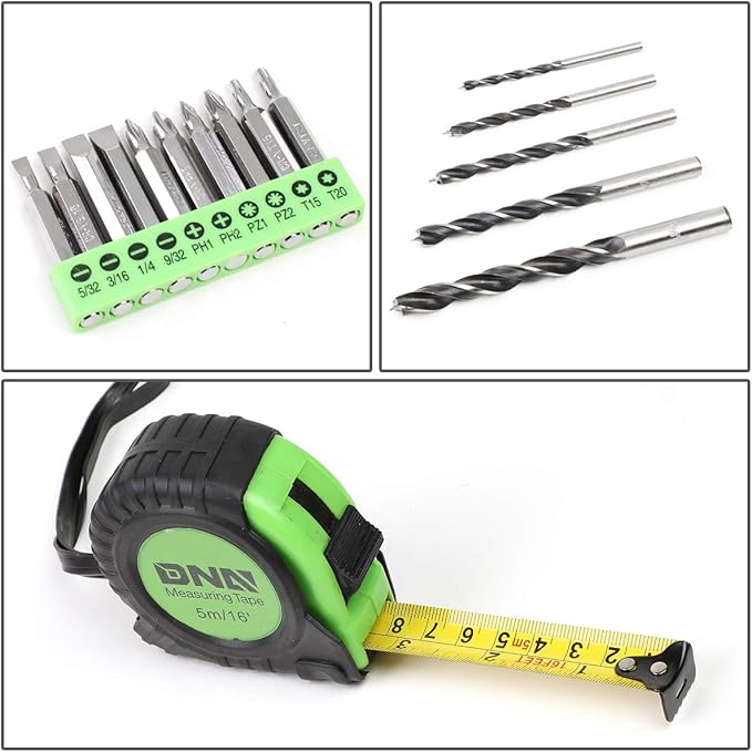 DNA MOTORING 27pcs 12V 1300mAh Cordless Drill Set, Drill Driver Home Tool Kits Combination Tool Set, Tool Kit with Drill For Home, DIY, Maintenance, Green, TOOLS-00018