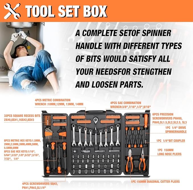DNA MOTORING 220pcs Mechanic Tool Socket Wrench Set, SAE and Metric Socket Wrench Set, Tool Box Case for Home, Auto and Bike Repair, Orange, TOOLS-00021