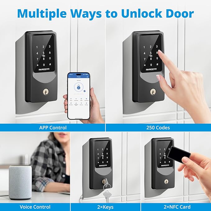 T02 Mini Keyless Entry Door Lock, Built-in Wi-Fi, App Control, Smart Lock for Front Door, Keypad Deadbolt, Auto Locking, Keys, Fob Card, PIN Code Unlock, 8xAA Batteries, IP55 Waterproof