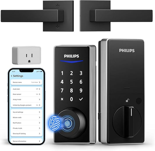 Philips WiFi Smart Lock with Handle, Fingerprint Keyless Entry Door Lock with WiFi Bridge, Smart Locks for Front Door with Handle Set, APP Remote Control, Work with Alexa&Google Assistant, Auto-Lock