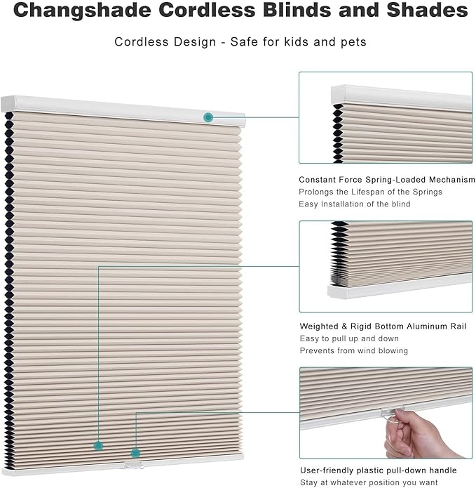 Changshade Cordless Cellular Shades, Blackout Honeycomb Shades for Windows, Pull Down Pleated Blinds, Easy to Install for Indoor Windows and French Doors,20" W x 50" H, Beige