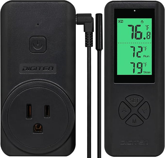 Digital WTC200 Wireless Thermostat Plug-in Temperature Controller Outlet, Remote temp Controller, Thermometer Heating Cooling Mode for Fan Heater Greenhouse Home Brew Reptile - Black