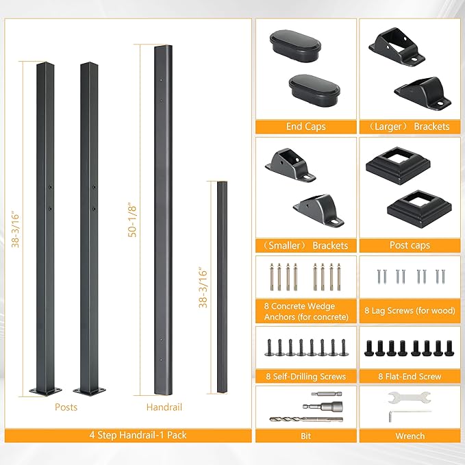 DIYHD 4 Step Handrail for Outdoor,Powder Coated Iron Stair Railing,Black Hand Rails for Indoor, Porch,Deck,1 Pack