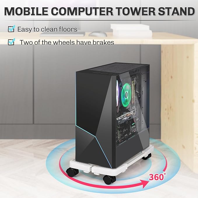 Liitrton Mobile CPU Stand Adjustable Computer Tower Stand with 4 Caster Wheels Fits Most PC (White)