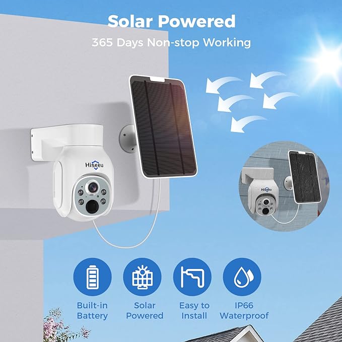 Hiseeu Solar Security Camera Outdoor, 4PCS 4MP Wireless Security Camera System with 10in LCD, 2-Way Audio, PT 360°, Night Vision, Motion Detection, 2.4G WiFi, No Subscription fee
