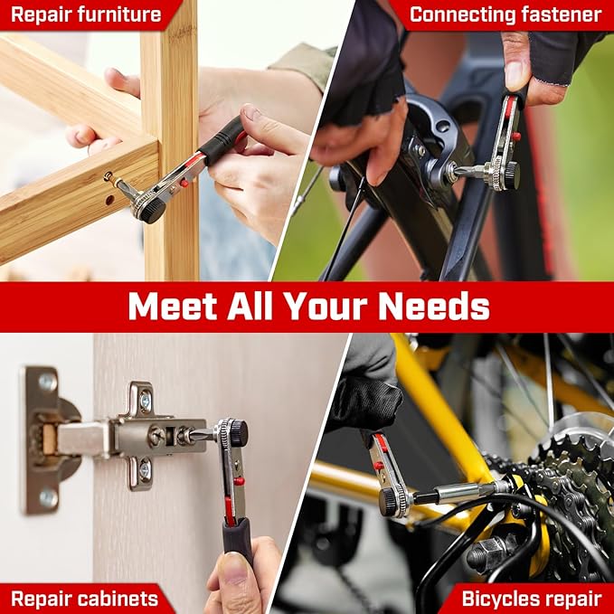 Angle Ratchet Screwdriver Set: 10 Piece Magnetic Bit with 90 degree Mini Offset Low Profile Reversible Drive Handle - DIY Bike Tight Spaces