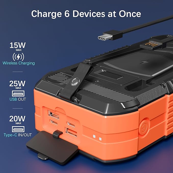 Solar Charger Wireless Power Bank 73200mAh Built in 2 Cables and Hand Crank, Portable Charger 22.5W Fast Charger 6 Outputs & 4 Inputs External Battery Pack with Bright Flashlight and Compass