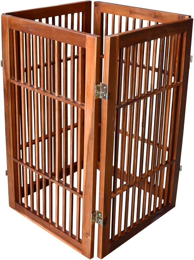 Pet Dog Gate Strong and Durable Freestanding Folding Acacia Hardwood Portable Wooden Fence Indoors or Outdoors by Urnporium (Brown Pet Gate, 4 Panel 30" Tall)