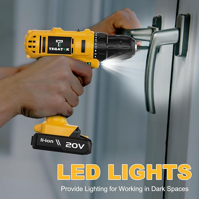 Cordless Drill Set, 3/8 Drill Handheld Screwdriver Kit with 18+1 Torque Setting, 20V Electric Drills Tools Bit, LED Electric Power Drills with Battery and Charger, Yellow