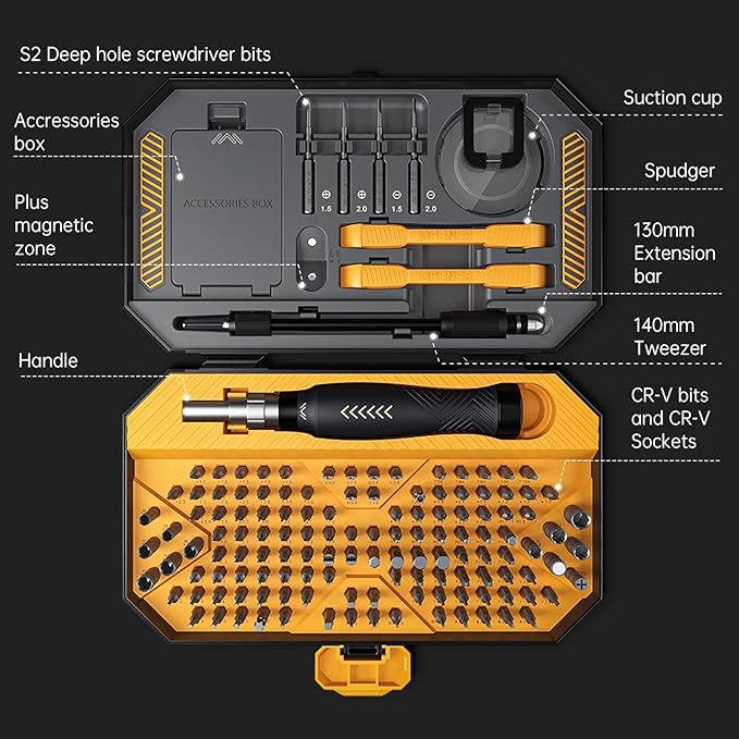 145-in-1 Precision Screwdriver Set Professional Mobile Phone and Computer Repair Kit with Torx, Star, Pentalobe, Hex Small Magnetic Screwdriver Bits, Suitable for MacBook, iPhone, Watch, Camera