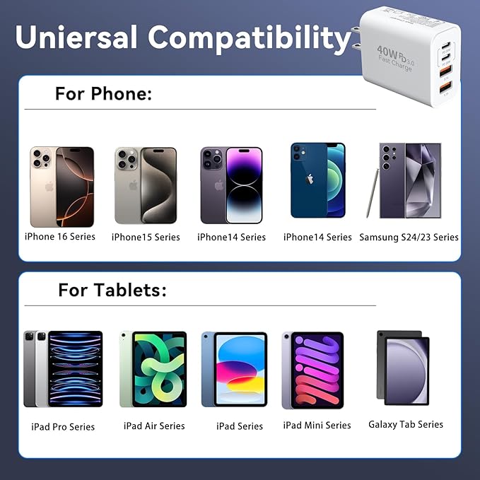 USB C Wall Fast Charger Block, 40W 4-Port Type C Chargers Fast Charging Blocks PD Power Charger Adapter+QC 3.0 USB Multiport Charger Brick for Phone 17/16/15/14/13/12 Pro Max, i-Pad, Galaxy S25-3Pack
