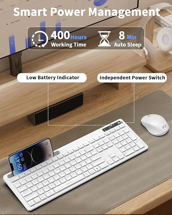 seenda White Wireless Keyboard and Mouse for Mac, USB A & Type C Receiver, Full-Size Wireless Keyboard with Phone Holder Compatible for MacBook/Air/Pro Windows Computer/Desktop/Laptop