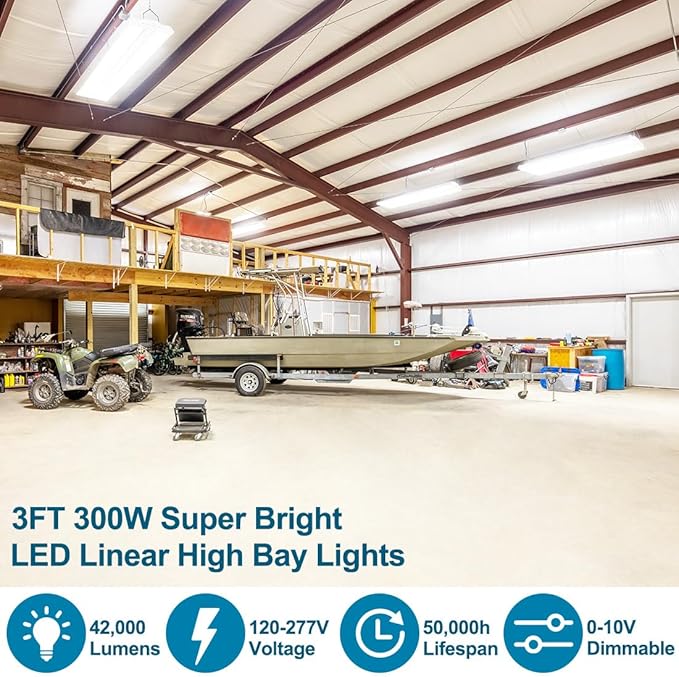 2-Pack 300W High Bay LED Shop Lights, Power Tunable 300W/240W/200W, 4000K/5000K Selectable, 3FT 42000LM 100-277V, Linear High Bay Lights for Warehouse Workshop Supermarket Stadium, ETL