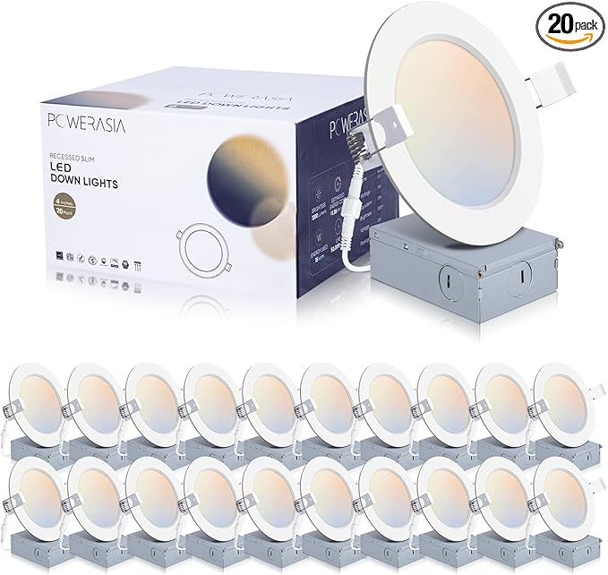 20 Pack 4 Inch LED Recessed Lighting with Junction Box, 5CCT 2700K/3000K/4000K/5000K/6000K Selectable, 9W 850lm Ultra-Thin Recessed Downlight-ETL and Energy Star Certified