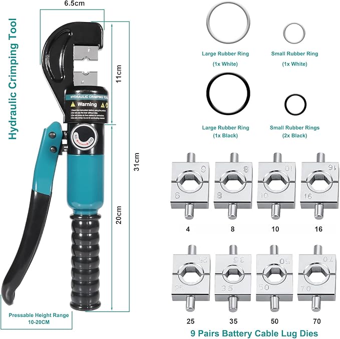 Hydraulic Crimping Tool, Hydraulic Crimper 10 Tons for 12-2/0 AWG Cable, Battery Lugs, Wire Lugs, Battery Cable Crimper Tool with 9 Pairs of Dies, 1/8” Wire Rope Crimping Tool