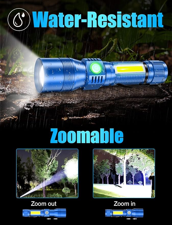 UV Rechargeable Flashlights Tactical,1000 High Lumens 3 in 1 LED Black Light Flashlight-Magnetic Base/Sidelight/Zoomable, Bright Pocket Flash Light with Case Box for Stains Detection Blue/Black