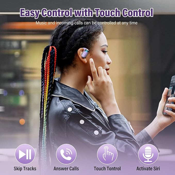 Open Ear Headphones, Wireless Bluetooth 5.4 Earbuds with Big Earhooks, Ultra-Comfort Open Ear Earbuds, 58 Hours HD Stereo Sound Over Ear Earphones, IP7 Waterproof Headset for Workouts, Purple