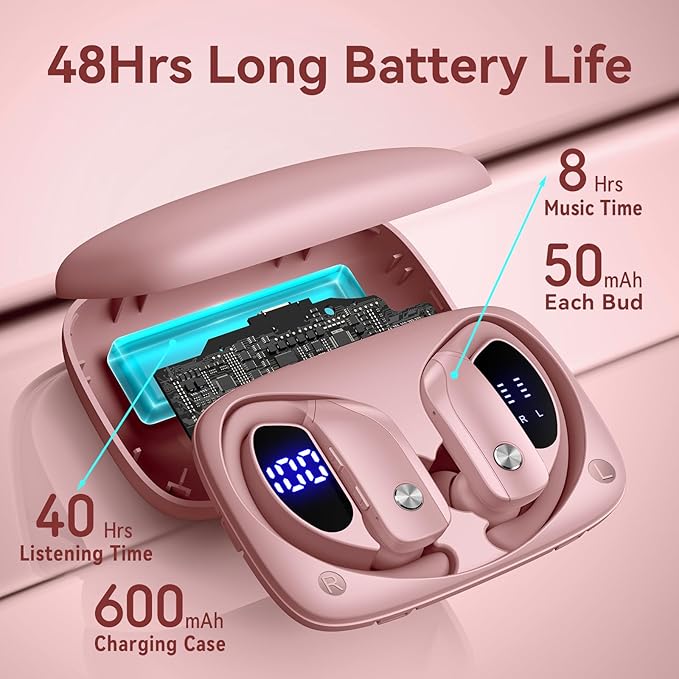 bmani Wireless Earbuds Bluetooth Headphones 48hrs Play Back Sport Earphones with LED Display Over-Ear Buds with Earhooks Built-in Mic Headset for Workout Pink
