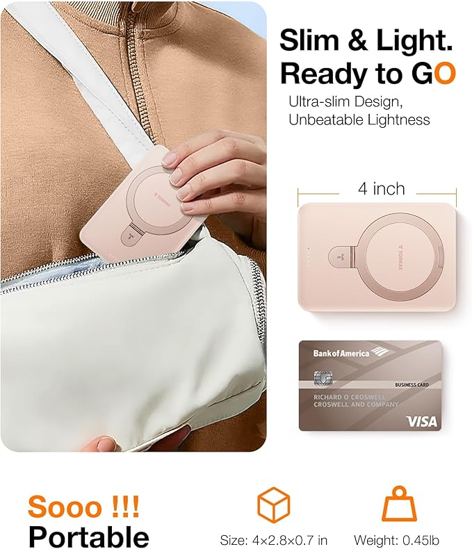 TORRAS 10000mAh Magnetic Portable Charger Power Bank for iPhone, Fast Charging Travel Essential Wireless Battery Pack OStand Compatible with Magsafe, i Phone 16 Pro Max,Pro,15,14,13,12, Rose Gold