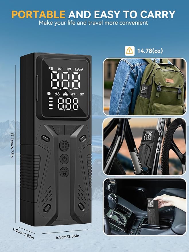 AIRSURE Tire Inflator Portable Air Compressor, High-Speed 150PSI Cordless Air Pump for Car Tires with Powerful Battery, Auto Shut-Off - Portable Tire Pump for Car, Bike, Motorcycle and Balls