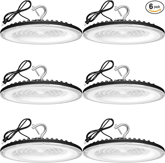 6 Pack 150W UFO Led High Bay Light,120VAC,21050LM 5000K Daylight Area Lighting,IP66 Waterproof 650W MH/HPS with Plug Commercial Bay Lighting for Warehouse/Shop/Workshop/Barn/Gym/Factory