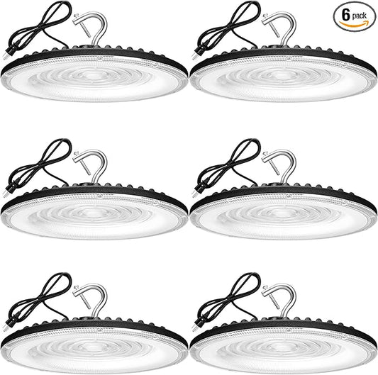 6 Pack 150W UFO Led High Bay Light,120VAC,21050LM 5000K Daylight Area Lighting,IP66 Waterproof 650W MH/HPS with Plug Commercial Bay Lighting for Warehouse/Shop/Workshop/Barn/Gym/Factory