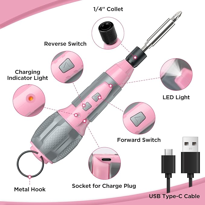 WORKPRO Electric Cordless Screwdriver Set - 4V USB Rechargeable Lithium-ion Battery Screwdriver Kit with LED Light - Small Screwdriver with 7pcs Bits for Home, Office, Apartment - Pink Ribbon