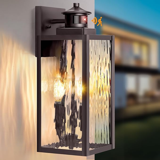 3-Light Motion Sensor Outdoor Wall Light, Waterproof Exterior Wall Sconce Light Fixture with Water-Rippled Glass, Dusk to Dawn Brown Outside Wall Lantern for House, Porch, Patio,Bulbs Not Included