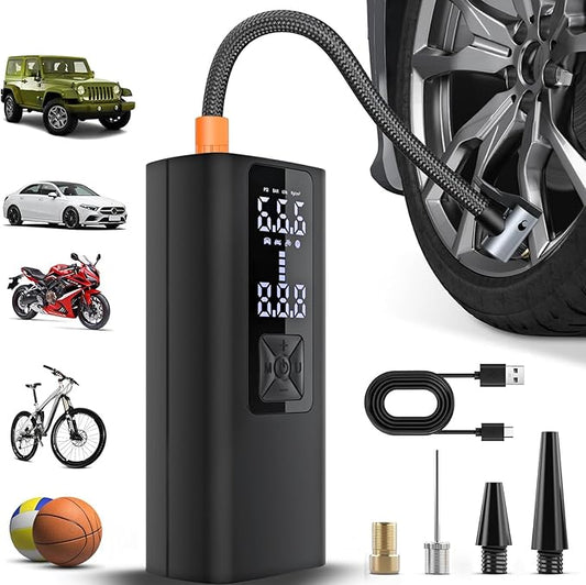 Portable Cordless Tire Inflator Air Compressor Pump for Car Motorcycle Bicycle Digital Pressure Gauge Shut Off LED Light 150PSI Fast Inflation for Tires Balls Sports Equipment