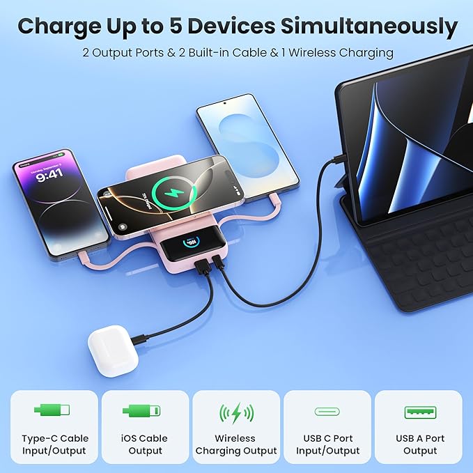 Wireless Portable Charger 40800mAh with Built-in Cables, 15W Wireless Charging USB C Power Bank, 25W PD QC 4.0 5 Outputs TFT LCD Display Battery Pack for iPhone 16/15/14/13/12, Samsung, Android etc