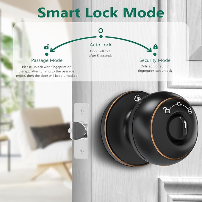 GeekTale Fingerprint Door Lock for Bedrooms, Fingerprint Door Knob with Lock, Smart Door Lock, App Control, Back-up Keys, Thumbprint Door Knob for Bedrooms, Office, Apartment